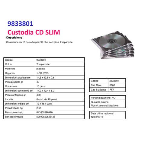 Porta CD e DVD FELLOWES base trasparente jewel case slim conf. 10 pezzi - 9833801